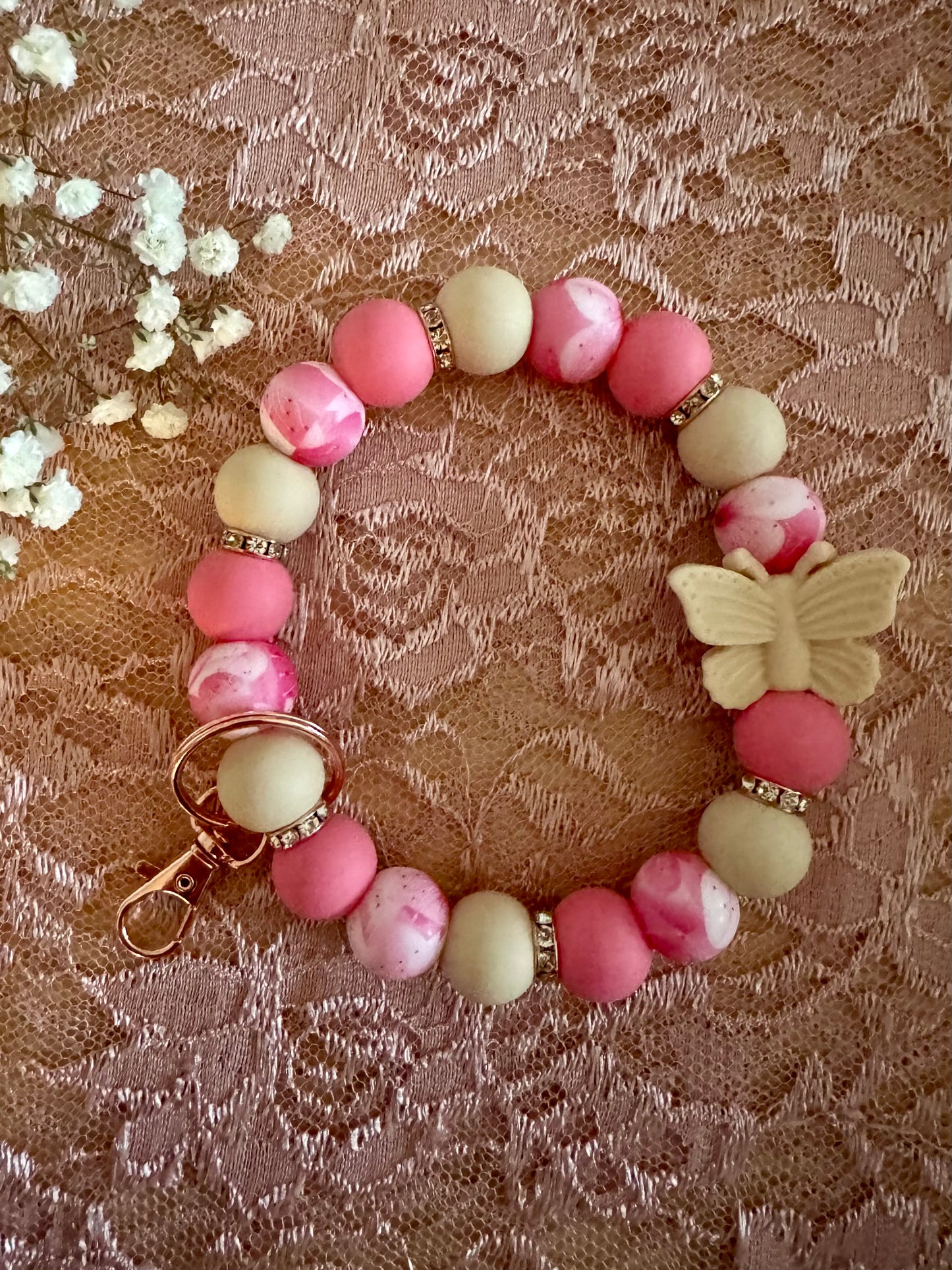 Cream Butterfly with Pink Floral Wristlet