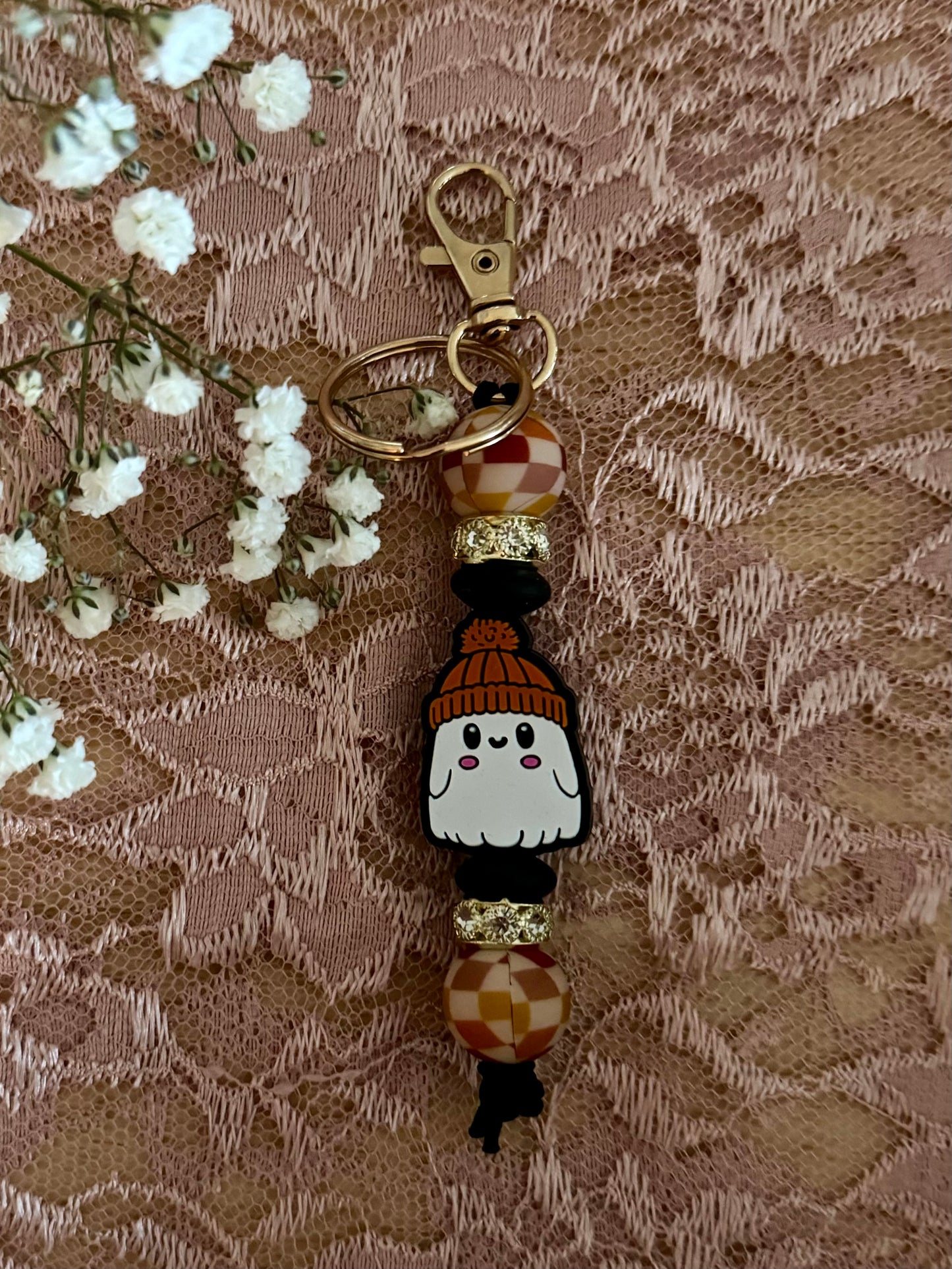 Cozy Ghost with Fall Checker Keychain