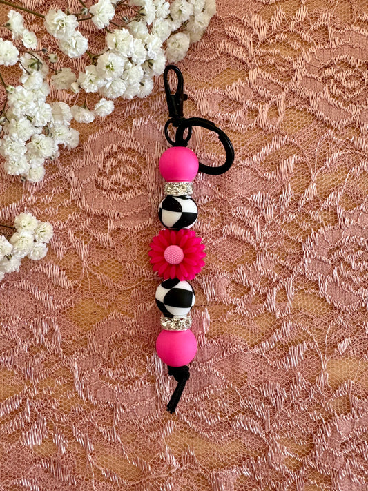 Hot Pink Flower with Black Checker Keychain