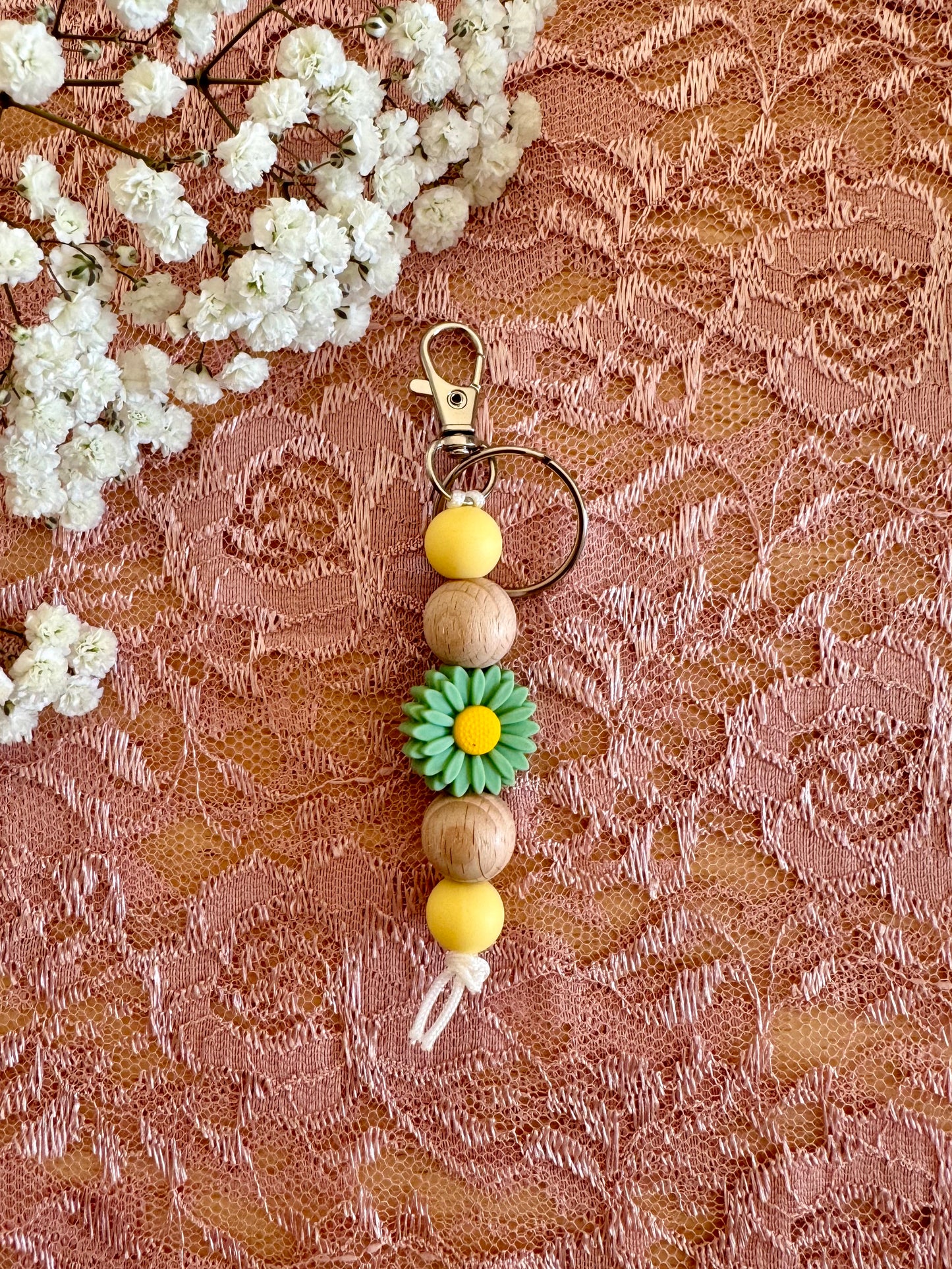 Sage Green Flower with Yellow and Wood Keychain