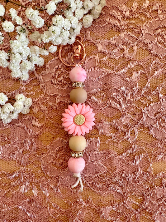 Light Pink Flower with Wood Keychain