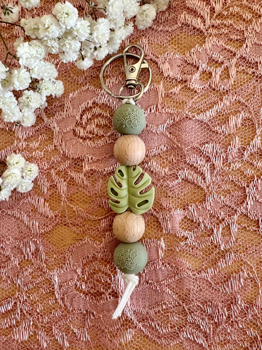 Green Leaf with Wood Keychain