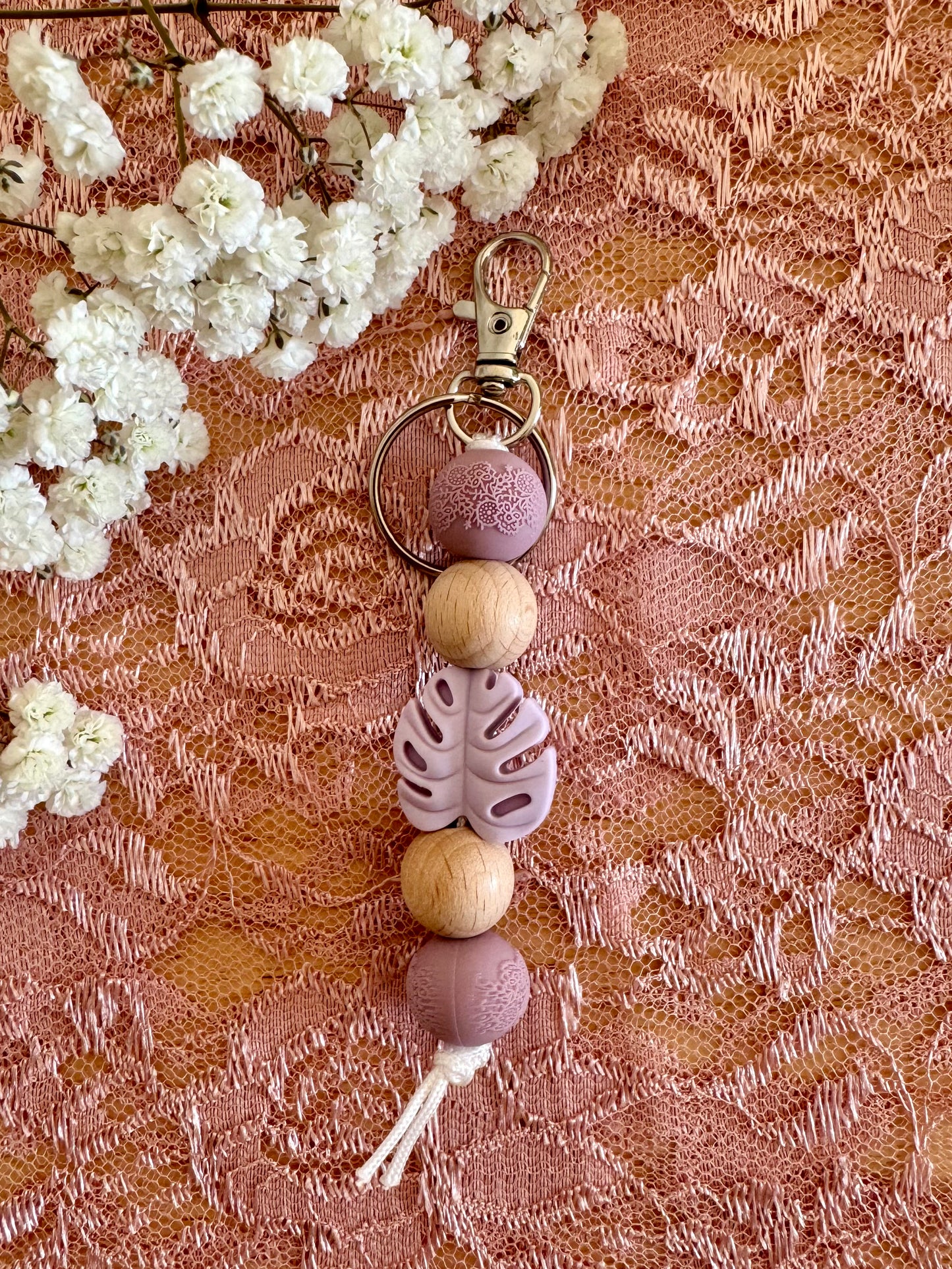 Purple Leaf with Wood Keychain